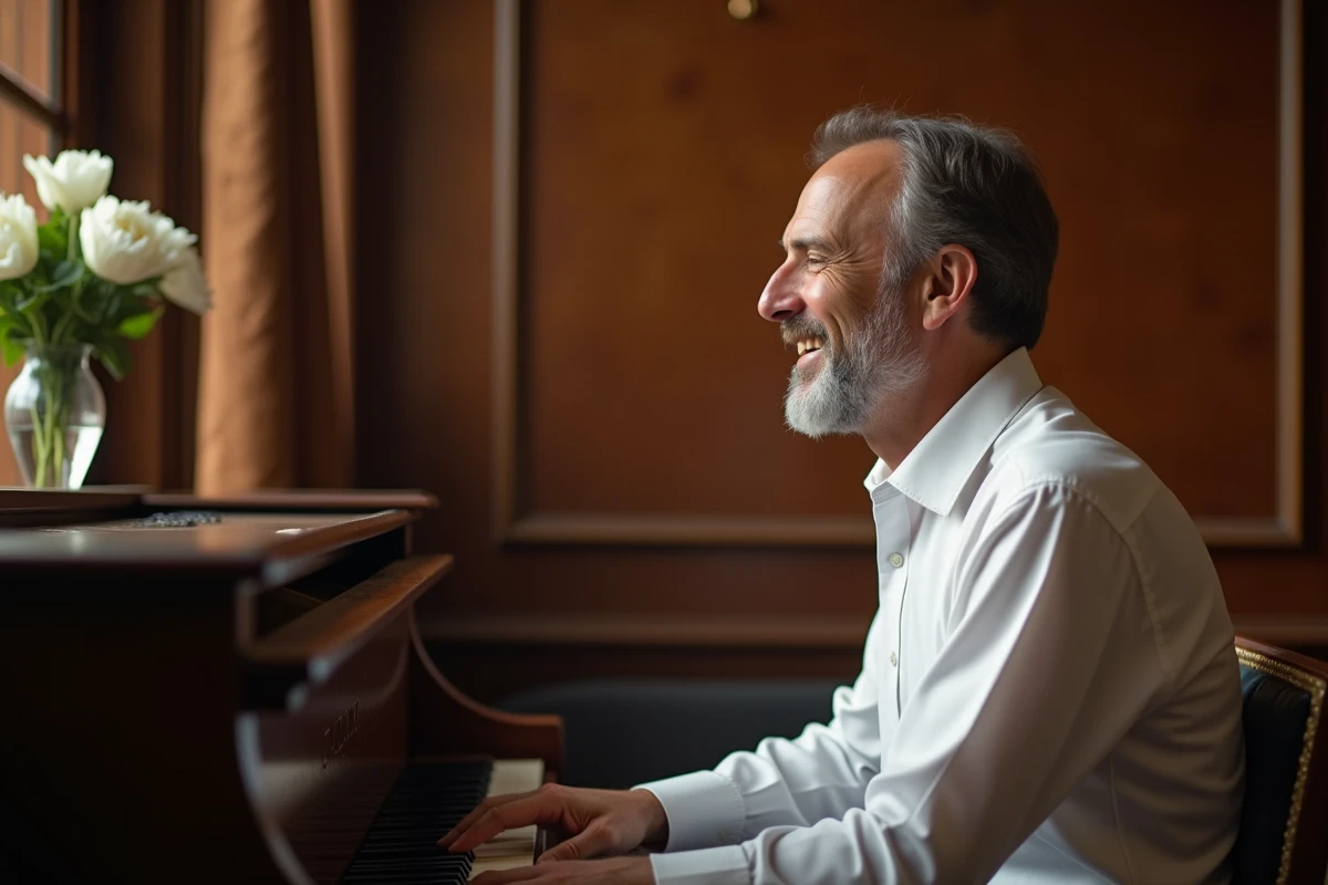 Un chanteur souriant au piano dans un intérieur raffine