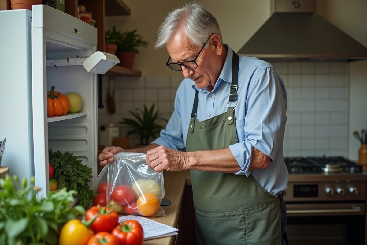 Homme âgé rangeant légumes dans le réfrigérateur avec manuel à côté