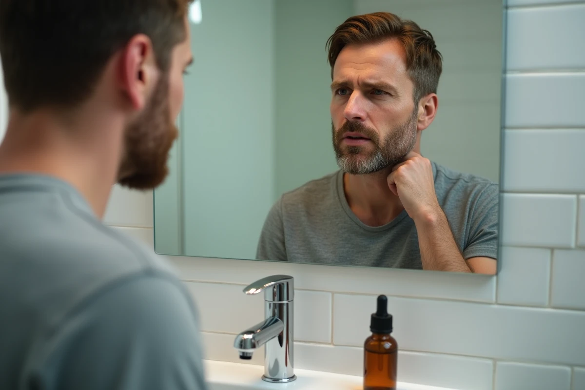 Homme examinant un lipome sur le cou devant un miroir de salle de bain avec un flacon d'huile de ricin posé sur le lavabo