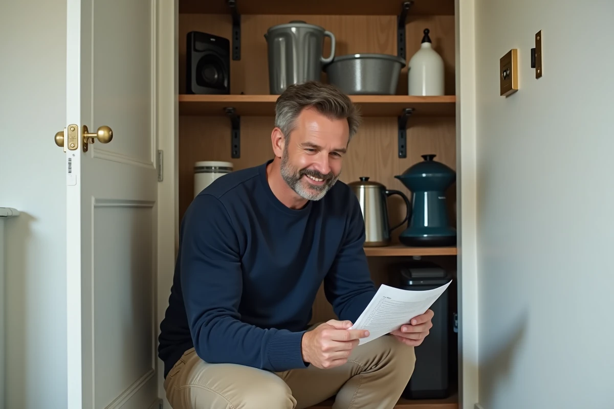 Homme consultant une liste d'équipements essentiels devant un placard de rangement organisé à la maison