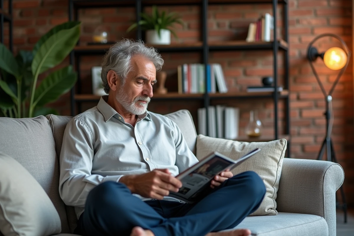 Homme lisant un magazine de design dans un loft urbain