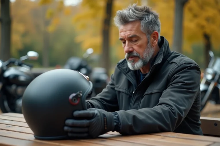 Homme d'âge moyen ajustant un intercom sur un casque moto noir