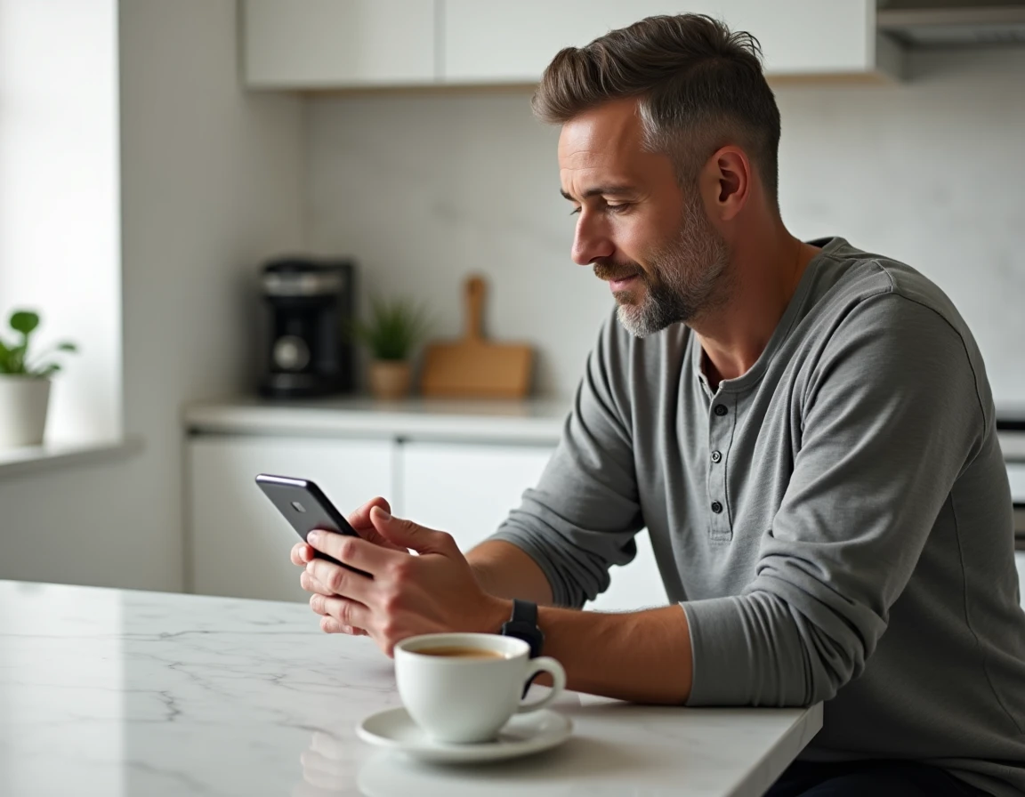 Homme parcourant le plan du site d'un blog beauté sur son smartphone dans une cuisine scandinave moderne