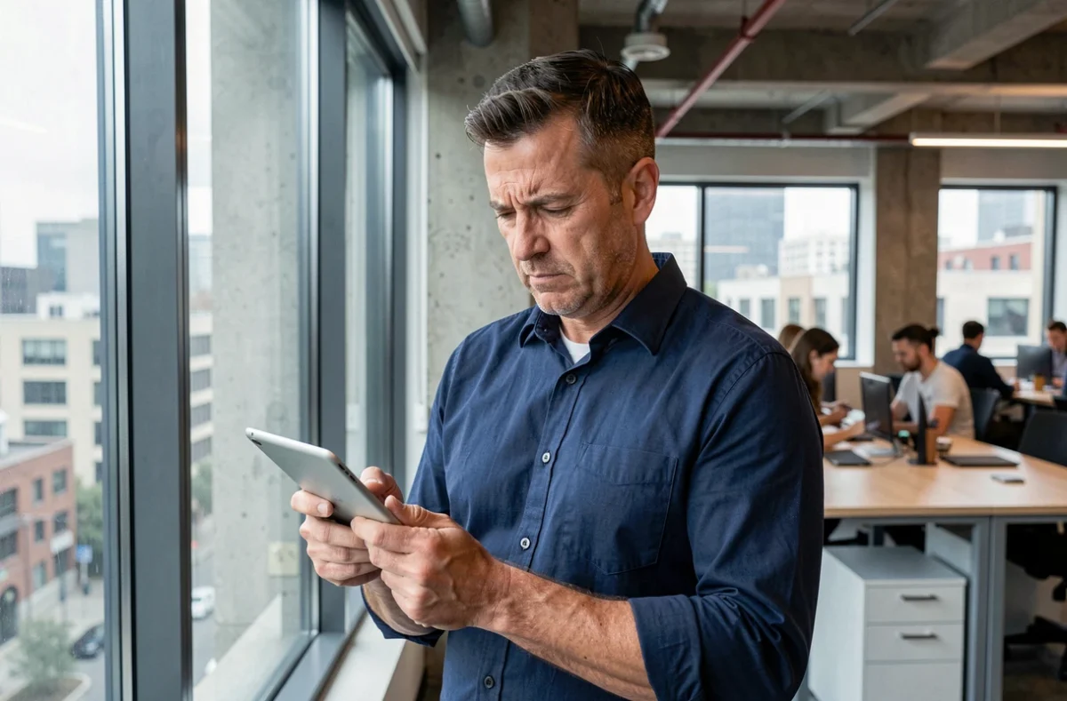 Homme consultant une tablette dans un espace de coworking pour trouver l'adresse actuelle de Nokraf en 2024