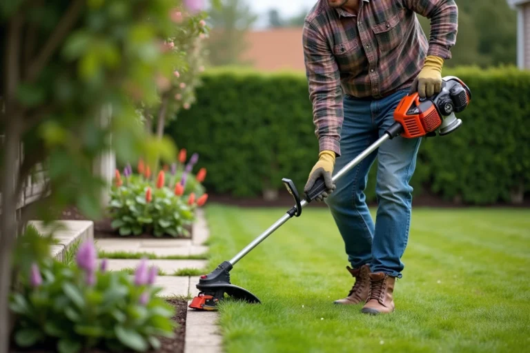 Homme d'âge moyen taillant la pelouse avec un coupe-herbe