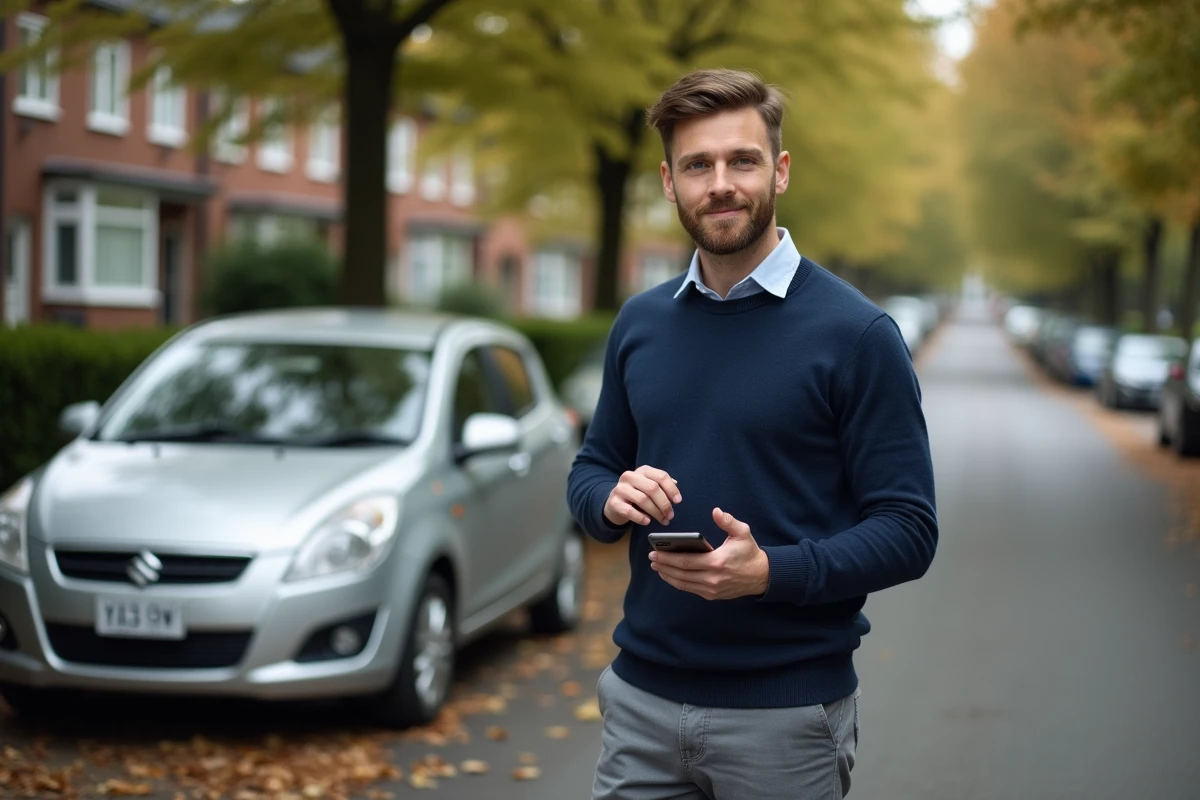 Homme à côté de sa voiture compacte consultant son application d'assurance MAIF pour le bonus petit rouleur