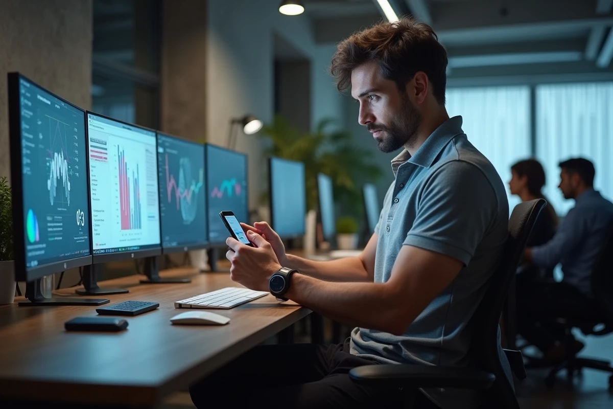 Ingénieur biomédical analysant un dispositif médical connecté dans un bureau de startup santé numérique