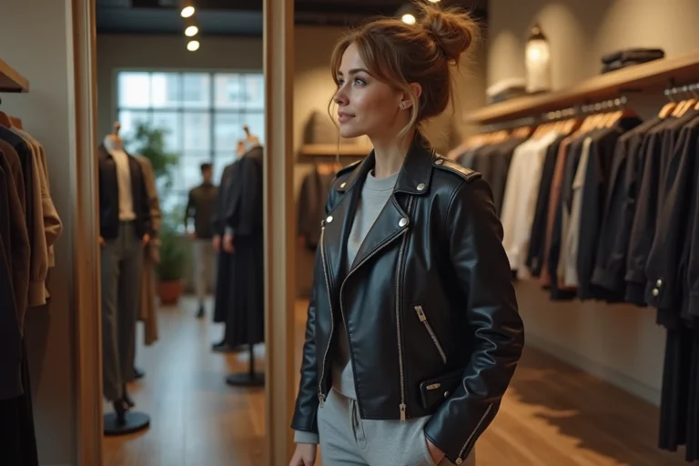 Jeune femme essayant un blouson en cuir dans une boutique