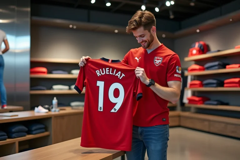 Jeune homme souriant avec maillot de sport rouge dans un magasin