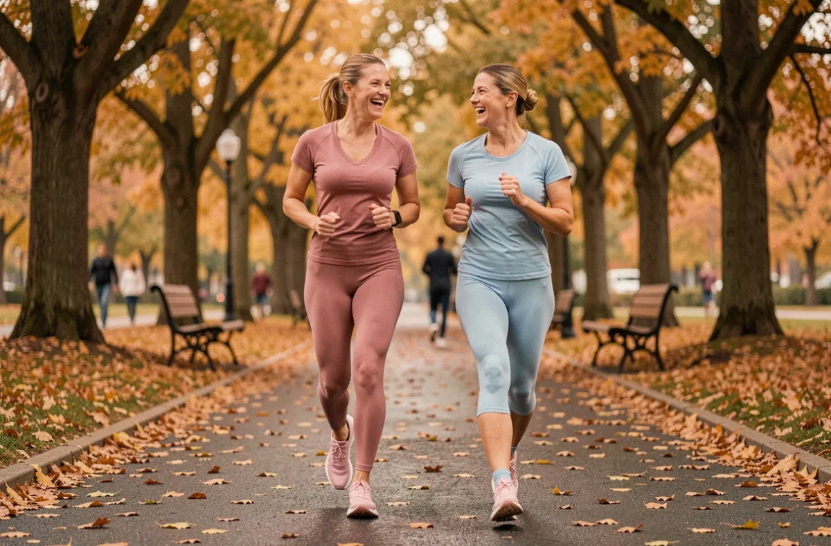 Deux femmes faisant du jogging ensemble dans un parc en automne, illustrant l'activité physique et le bien-être pour la santé au quotidien