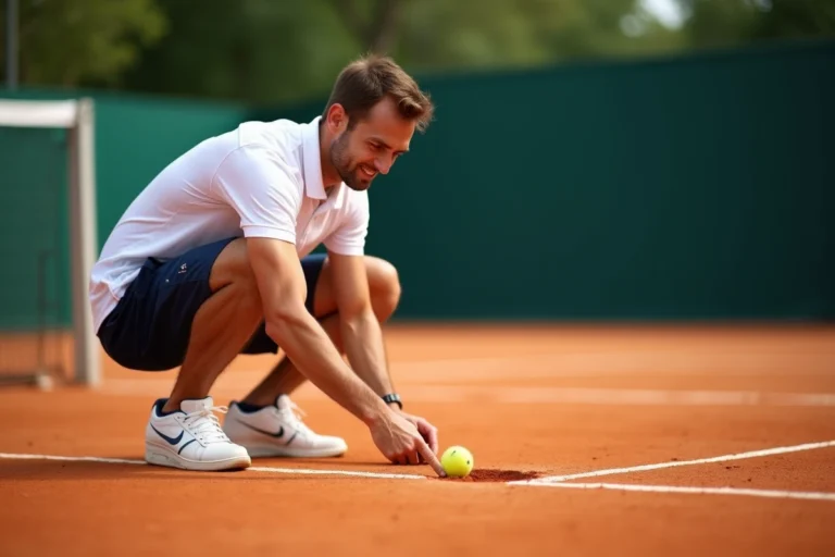 Joueur de tennis examinant la marque de balle sur un court en terre battue lors d'une demande de TMC