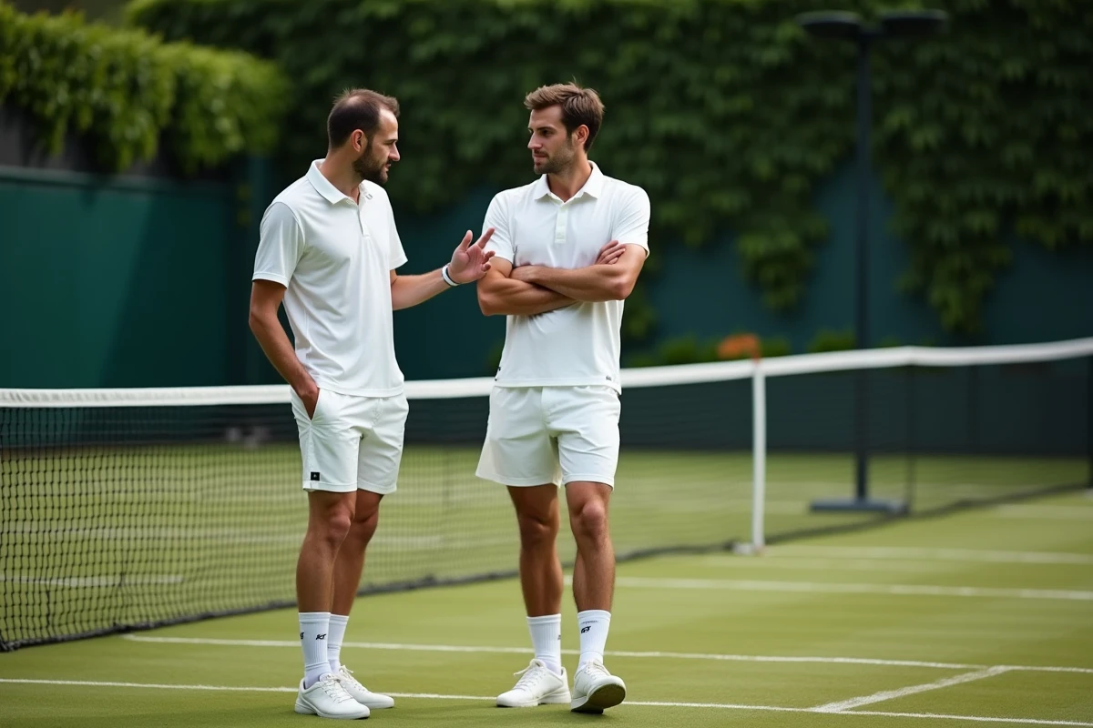 Deux joueurs de tennis discutant d'une marque de balle sur gazon lors d'un échange de TMC
