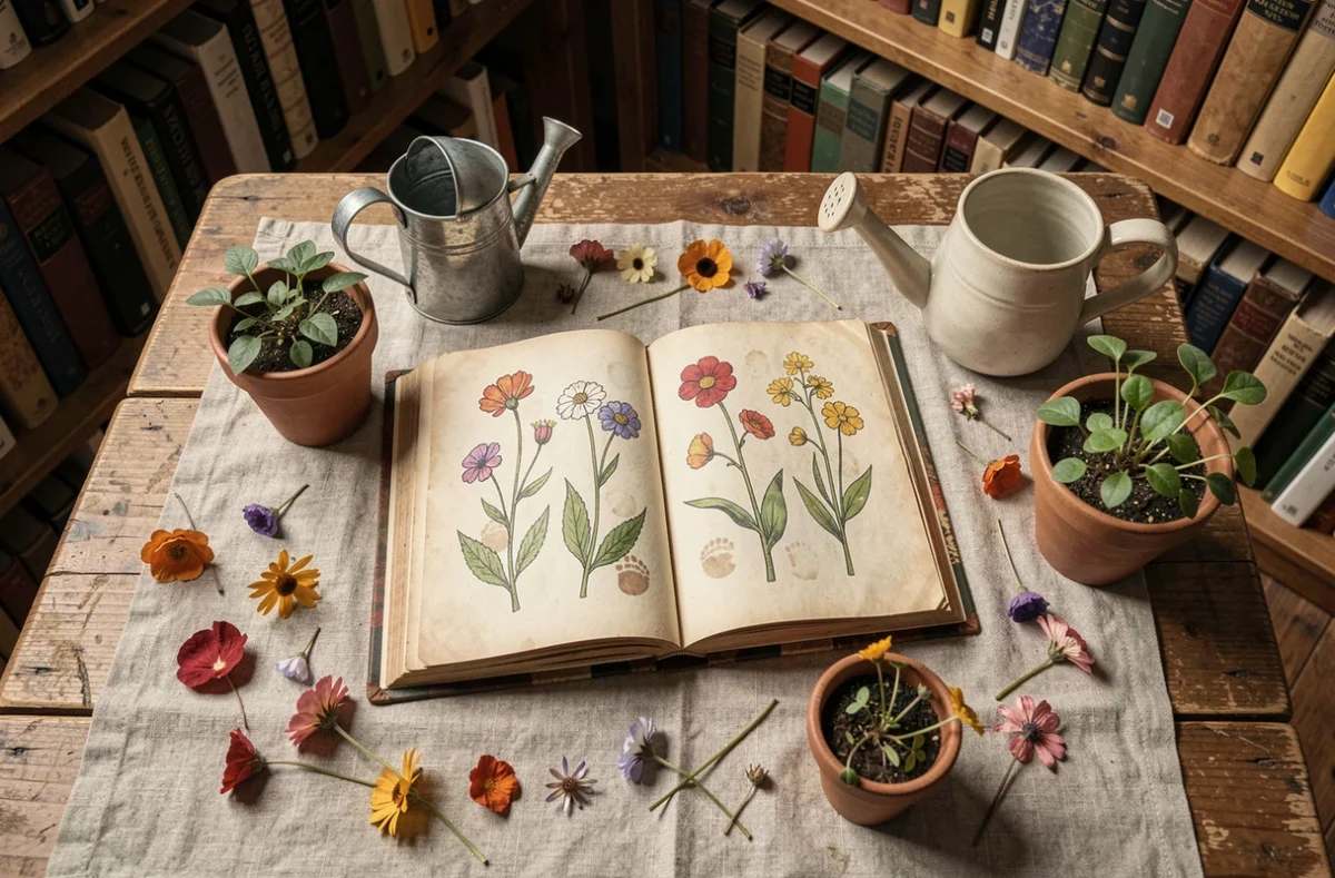 Vieux livre illustré pour enfants ouvert sur une table en bois avec des plantes et des fleurs séchées, évoquant la littérature jeunesse classique