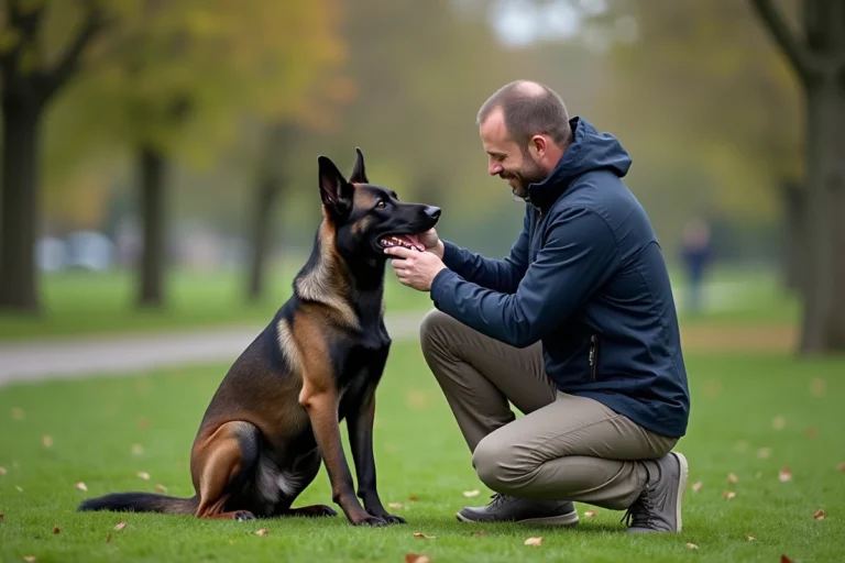 Chien Malinois et comportementaliste dans un parc verdoyant