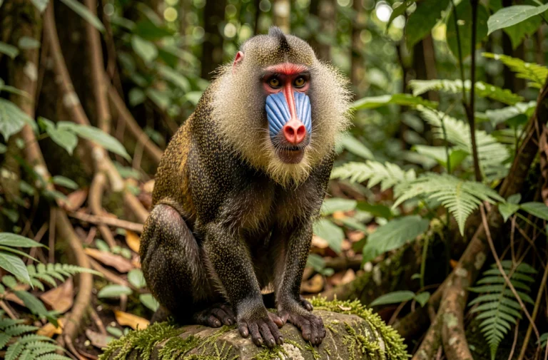 Mandrill mâle adulte avec son visage coloré rouge et bleu perché sur un rocher moussu en forêt tropicale africaine