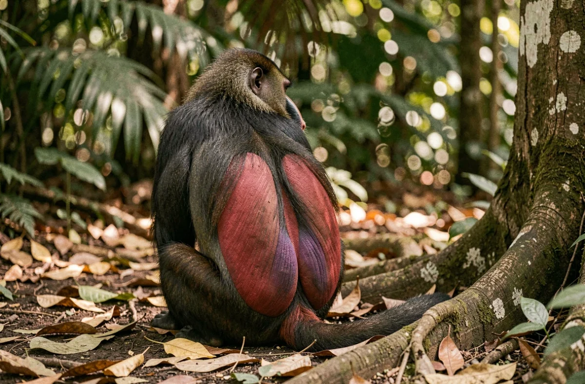 Mandrill adulte de dos montrant son postérieur rouge et violet caractéristique dans une clairière de forêt tropicale