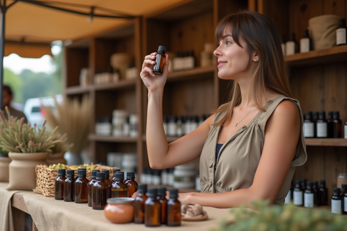 Jeune femme examinant des flacons d'huiles essentielles et des produits de soin naturels dans un marché artisanal de bien-être