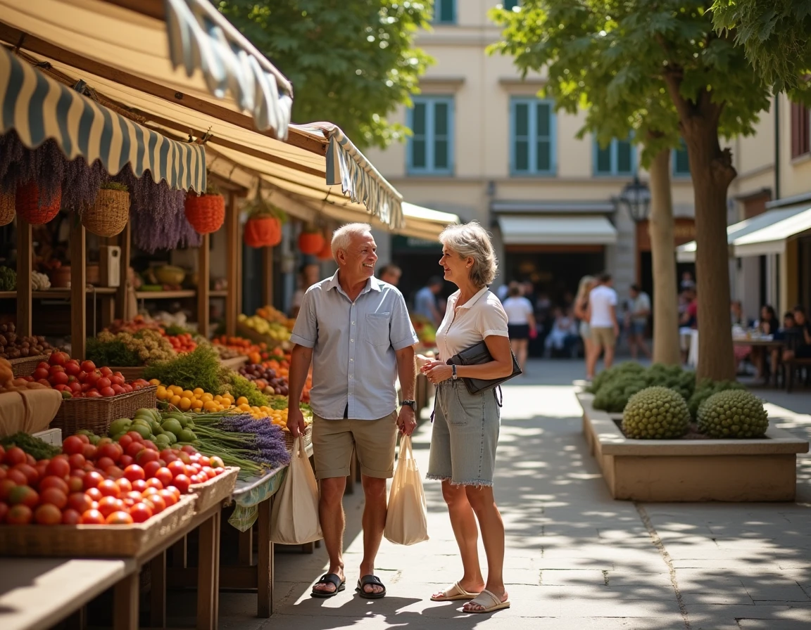 Couple faisant leurs courses au marché de quartier du 9ème arrondissement de Marseille avec des étals de produits provençaux