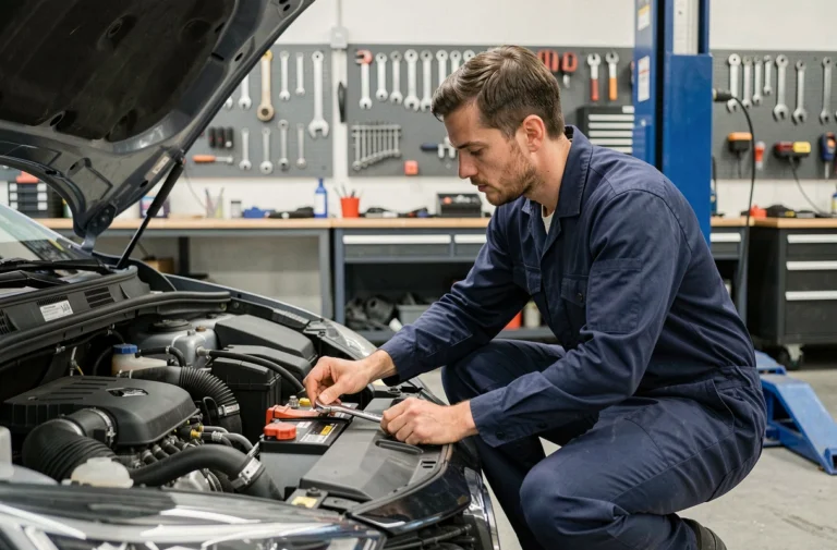 Mécanicien reconnectant la borne de batterie d'une Renault après vidange pour éviter le code erreur 1525f3