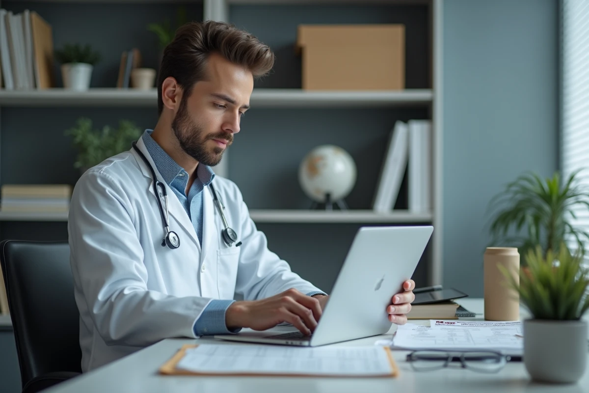Jeune medecin en bureau consulte des résultats sur un ordinateur
