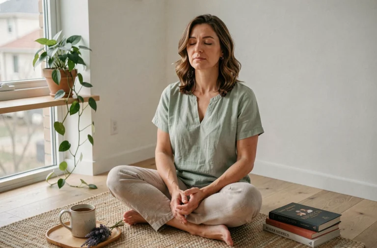 Femme pratiquant la méditation à domicile dans un espace minimaliste et apaisant, illustrant le bien-être au quotidien