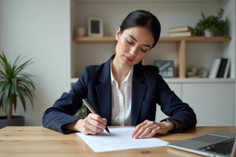 Femme professionnelle relisant les mentions légales obligatoires d'un site web dans un bureau parisien moderne
