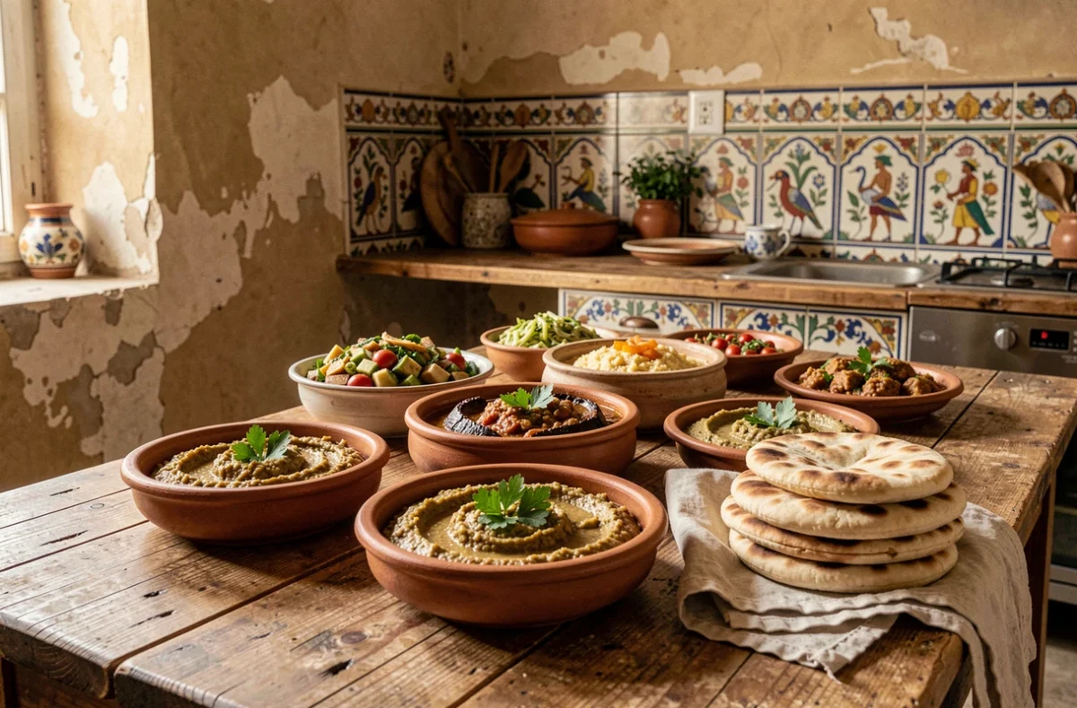 Assortiment de mezze végétariens égyptiens traditionnels servis sur une table en bois rustique avec ful medames, baba ganoush et pain pita chaud