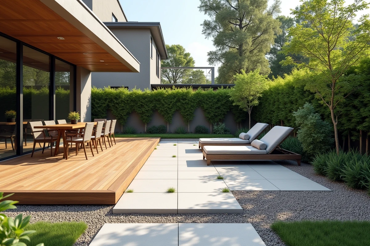 Espace extérieur résidentiel divisé en micro-zones fonctionnelles avec différents matériaux de sol : bois, béton et gravier