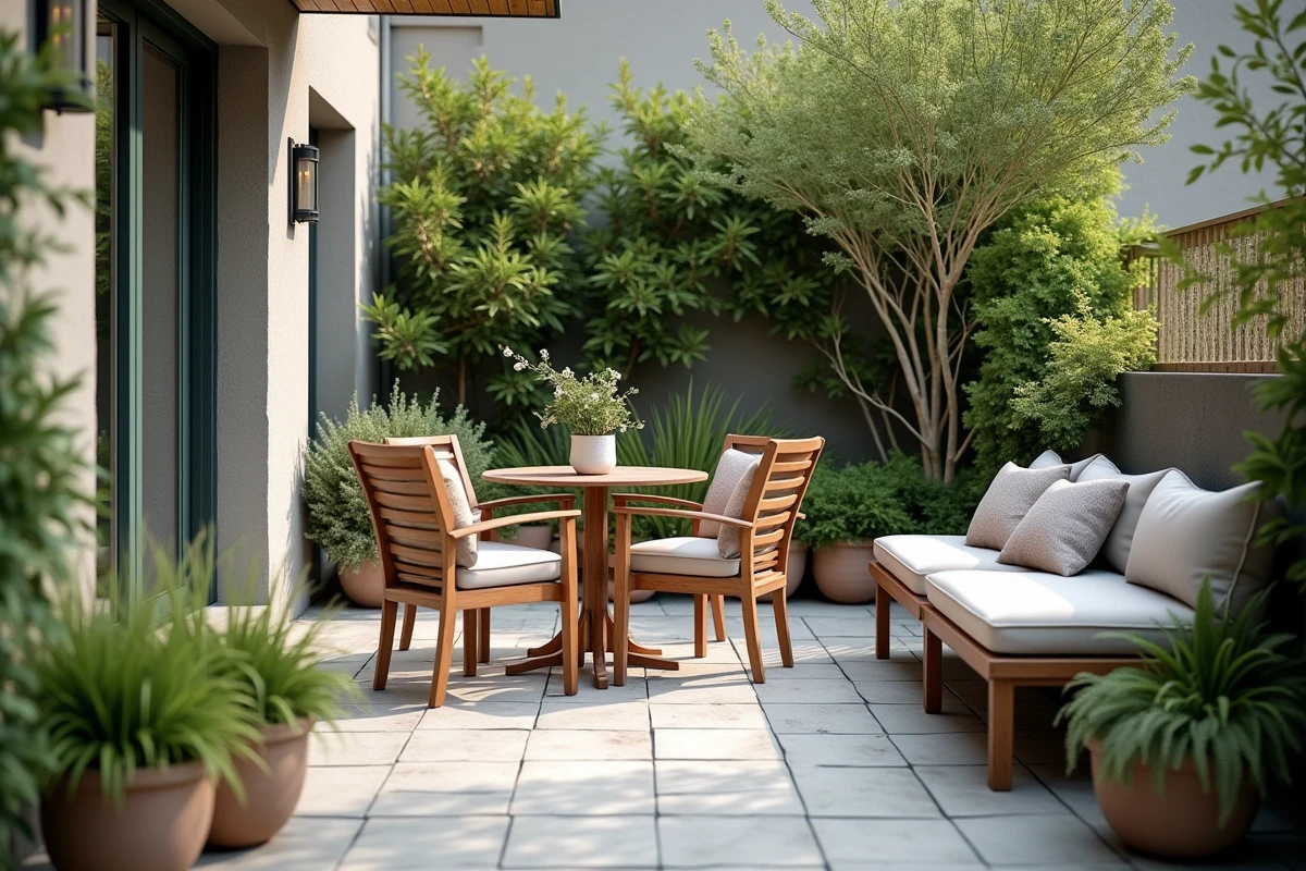 Petite terrasse résidentielle avec mobilier de jardin proportionné à la surface disponible : table ronde, deux chaises et banc compact sans surencombrement