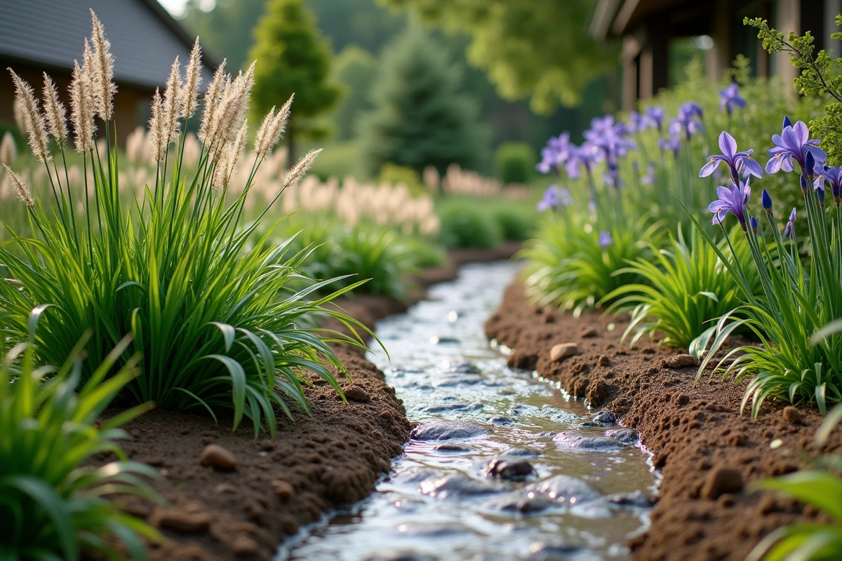 Noue paysagère décorative dans un jardin résidentiel plantée de graminées ornementales et d'iris le long d'une dépression végétalisée