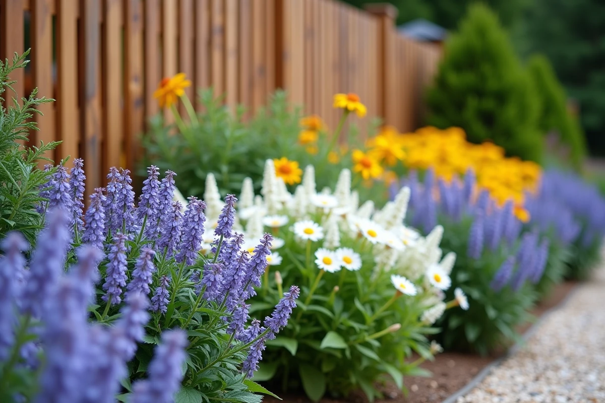 Massif de jardin résidentiel avec palette végétale limitée à trois familles de couleurs : lavande bleue, marguerites blanches et rudbeckias jaunes
