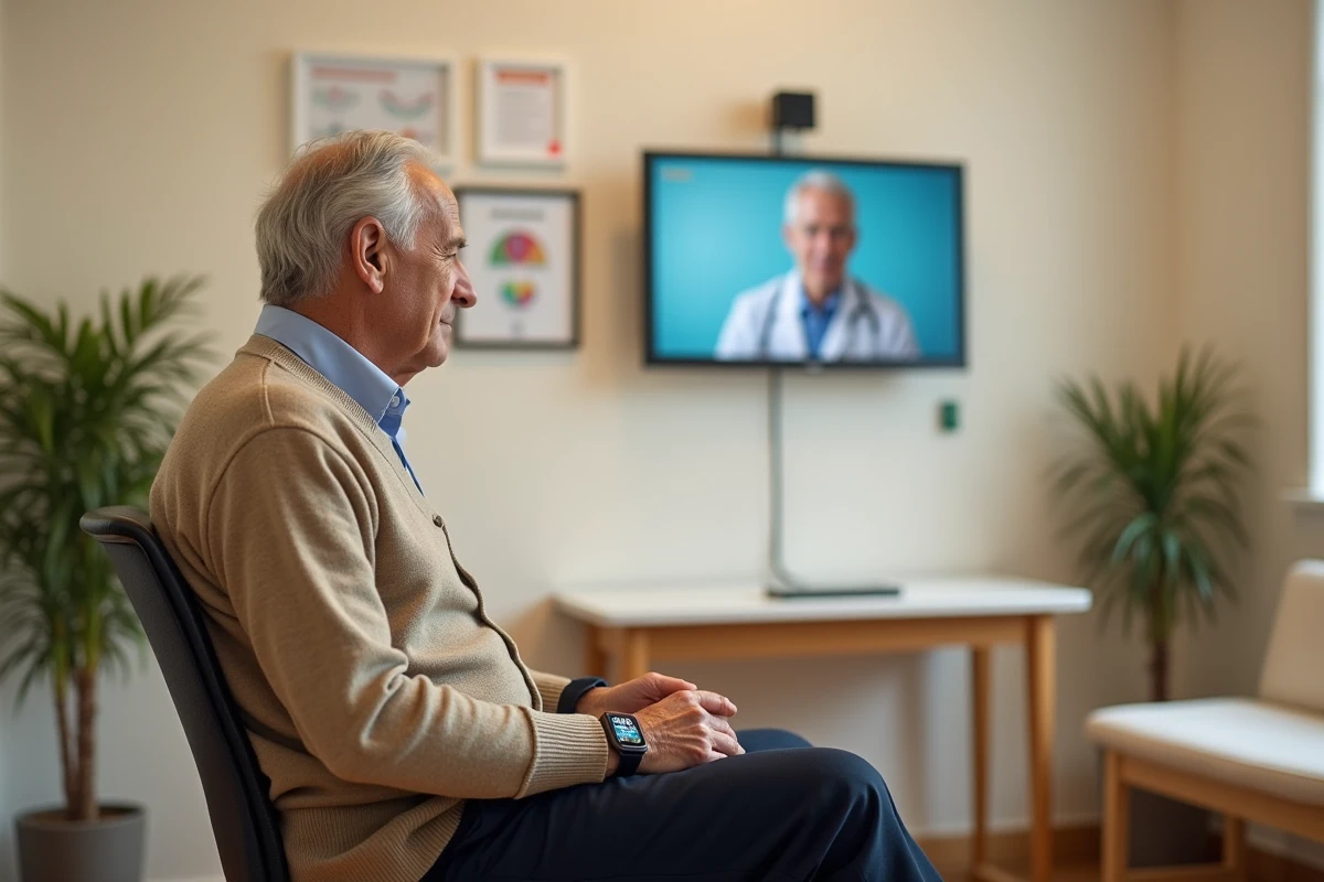 Patient âgé en téléconsultation médicale portant une montre connectée affichant ses données biométriques en temps réel