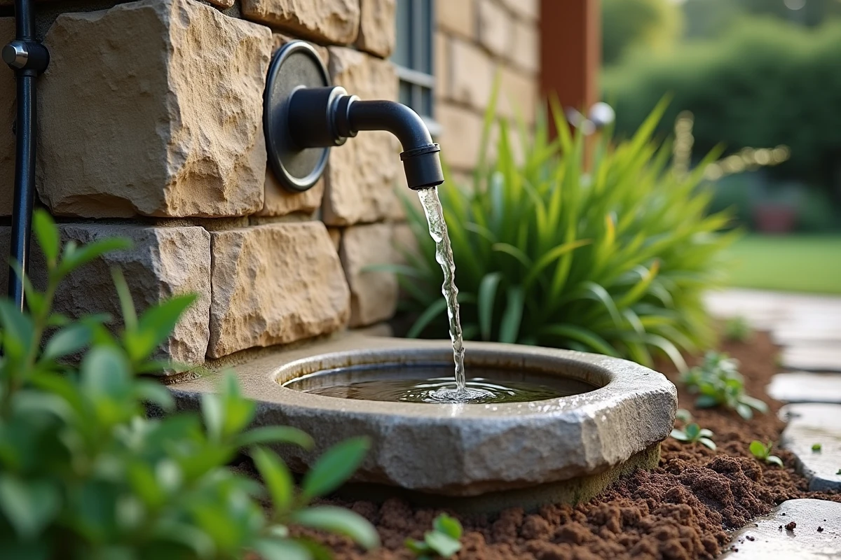 Point d'eau en pierre naturelle intégré dans un massif de jardin résidentiel avec bassin peu profond et tuyau d'arrosage accessible à proximité