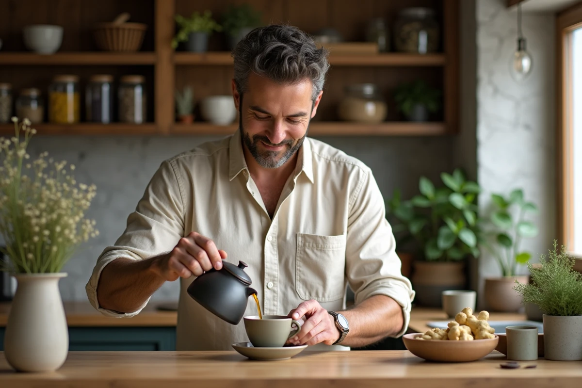 Homme préparant une infusion aux herbes naturelles dans une cuisine rustique avec des étagères en bois remplies de plantes séchées
