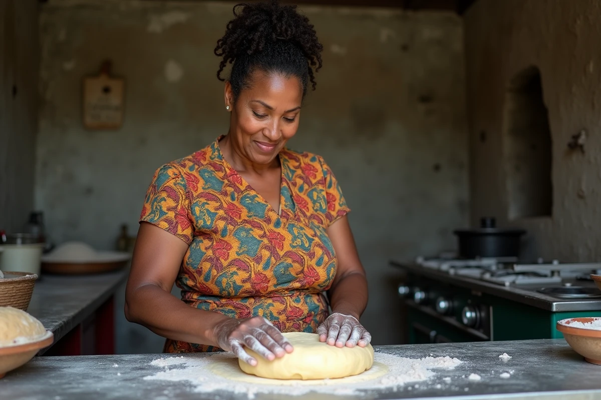 Femme antillaise préparant la pâte à bokit à la main dans une cuisine traditionnelle de Guadeloupe avec tablier madras