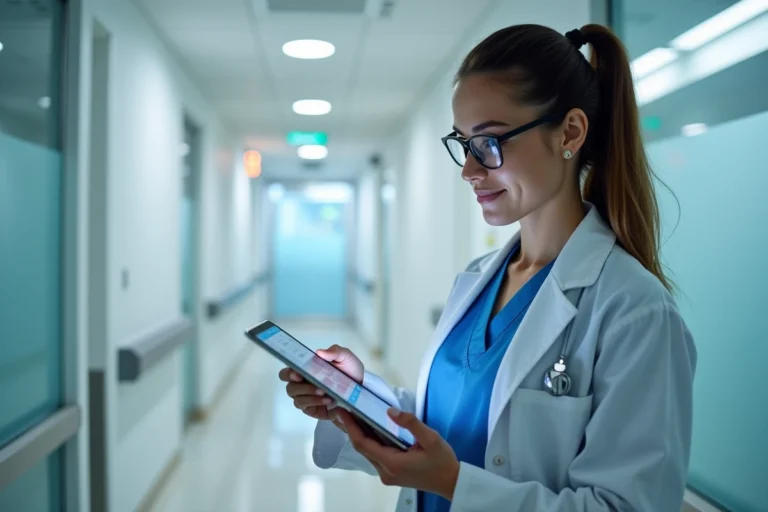 Professionnelle de santé consultant une tablette connectée avec tableau de bord de monitoring patient en milieu hospitalier moderne