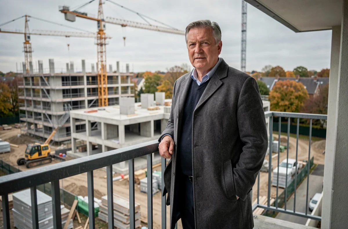 Promoteur immobilier sur un chantier de construction résidentielle en banlieue française avec grues et immeubles en cours de construction