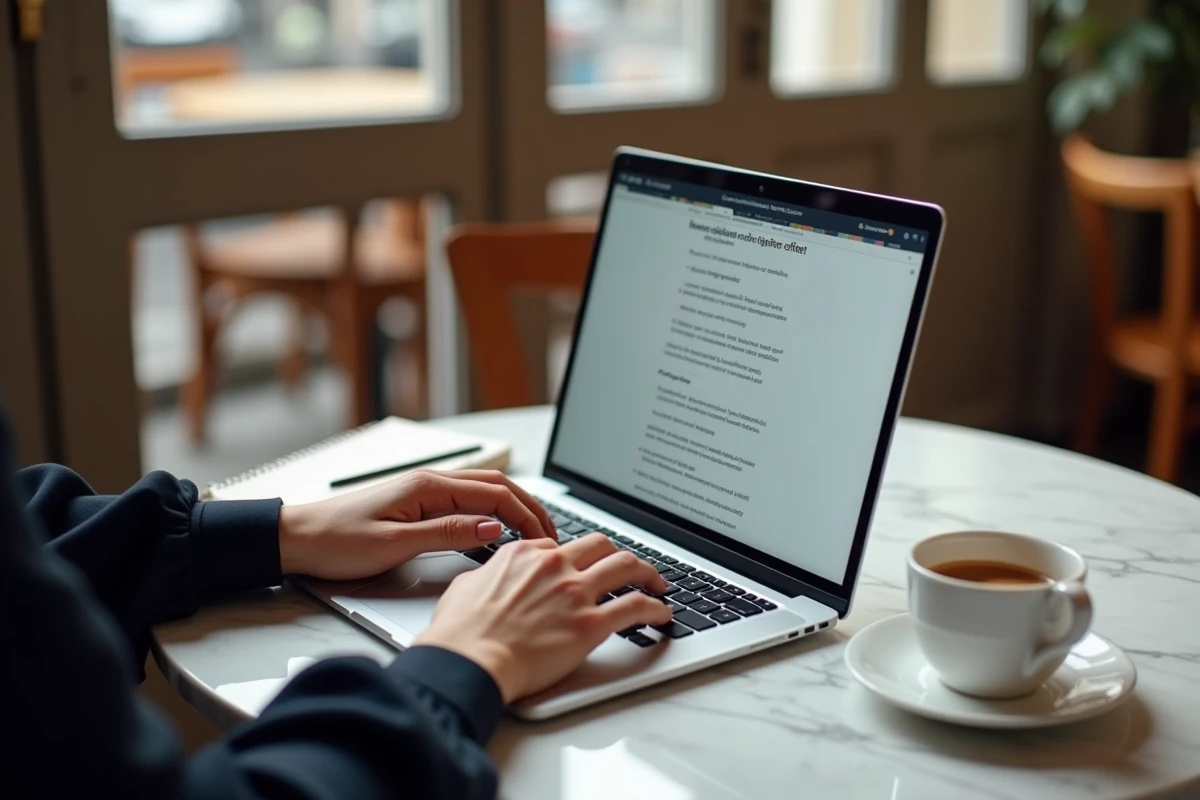 Mains d'une femme saisissant les mentions légales obligatoires d'un site web depuis un café parisien avec un laptop
