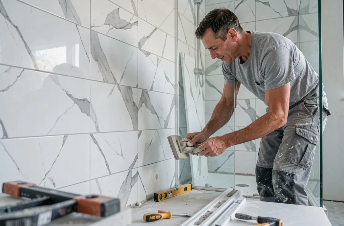 Artisan posant des carreaux en marbre de Carrare dans une salle de bain en cours de rénovation avec une douche à l'italienne