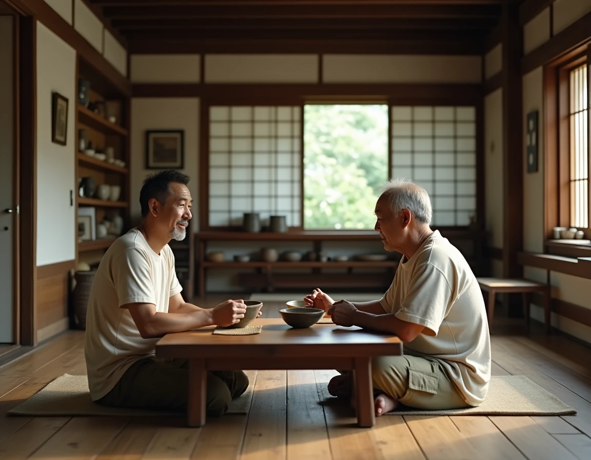 Voyageur occidental partageant un repas traditionnel avec un hôte japonais âgé dans une maison machiya en bois, expérience de voyage immersive et culturelle