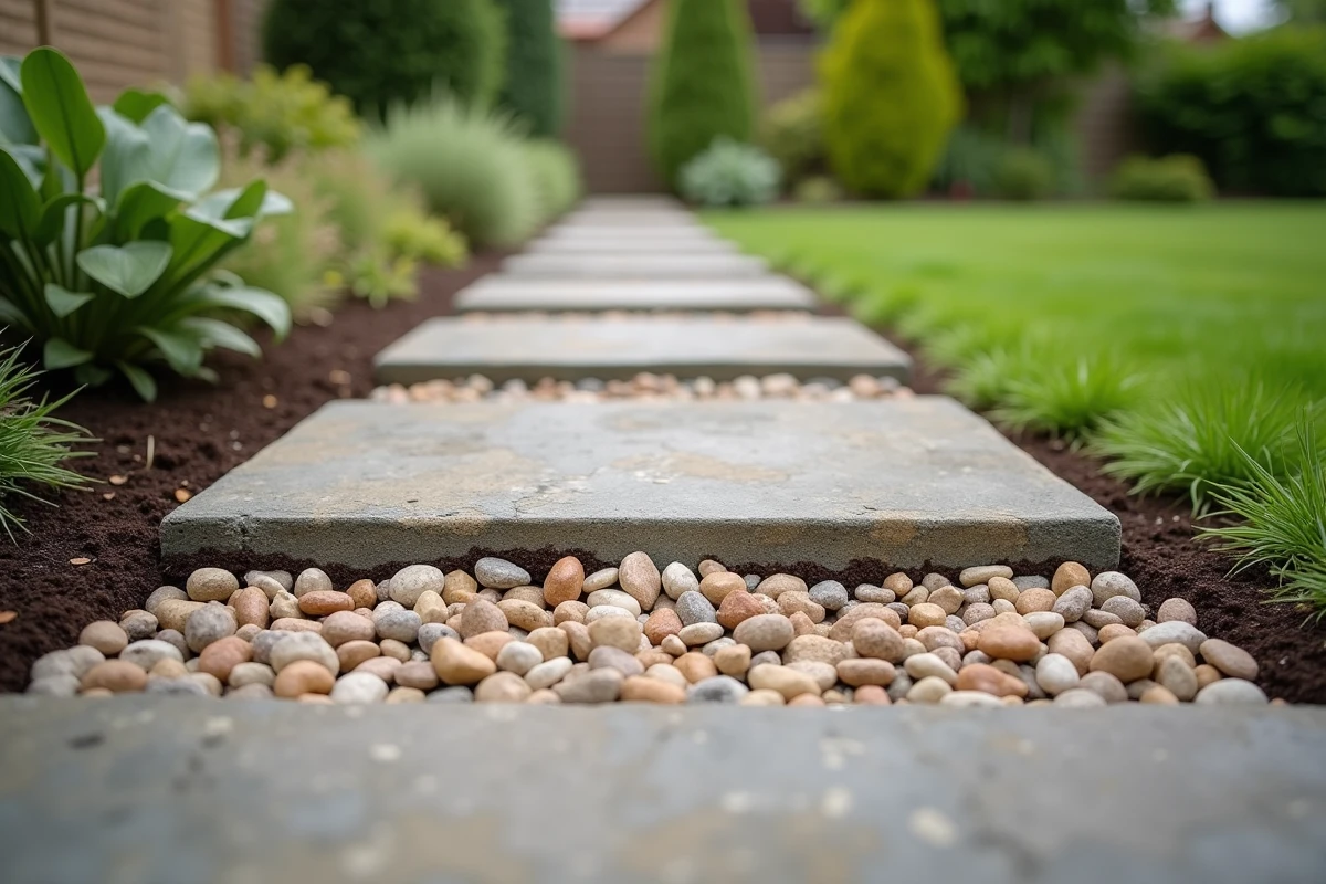 Revêtement de sol perméable en gravier et dalles espacées dans un jardin résidentiel permettant l'infiltration naturelle de l'eau