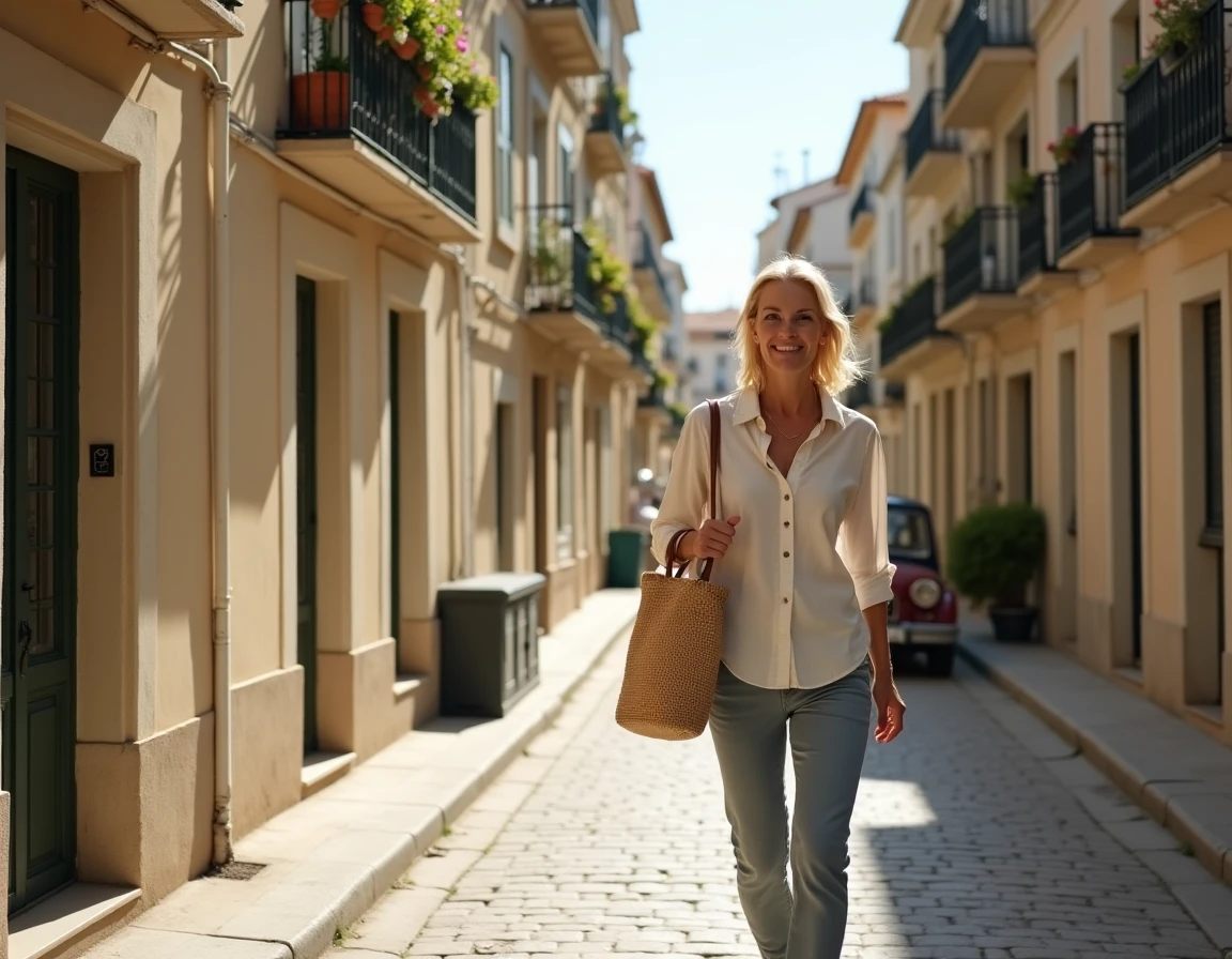 Femme se promenant dans une rue résidentielle calme du 9ème arrondissement de Marseille avec des immeubles en pierre calcaire