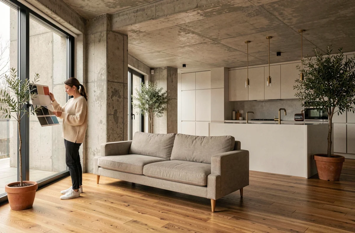 Femme examinant des échantillons de peinture dans un salon rénové aux murs en béton brut et parquet chêne chaleureux