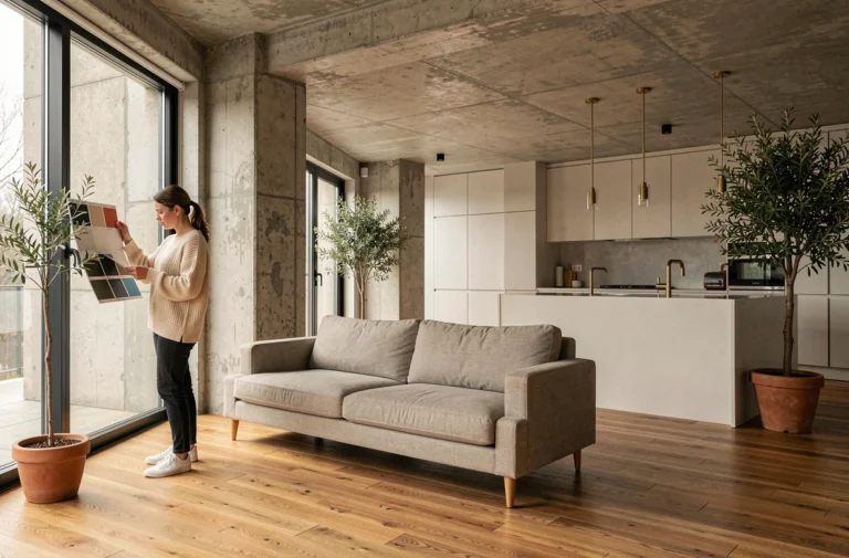 Femme examinant des échantillons de peinture dans un salon rénové aux murs en béton brut et parquet chêne chaleureux