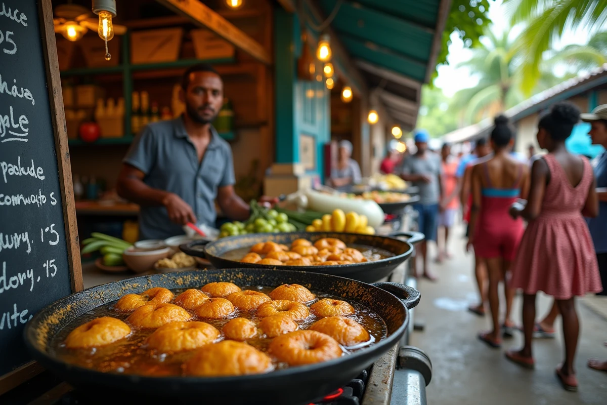 Stand de bokit sur le marché animé de Pointe-à-Pitre en Guadeloupe avec des bokits en train de frire dans l'huile et une file de clients locaux