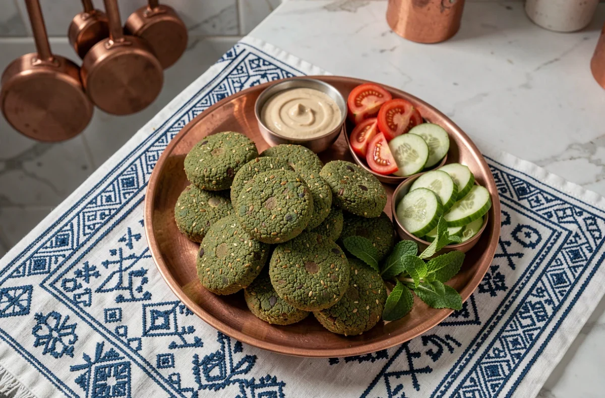 Vue de dessus d'un plateau en cuivre avec des ta'ameya égyptiens aux fèves accompagnés de tahini, tomates fraîches et menthe sur une nappe brodée