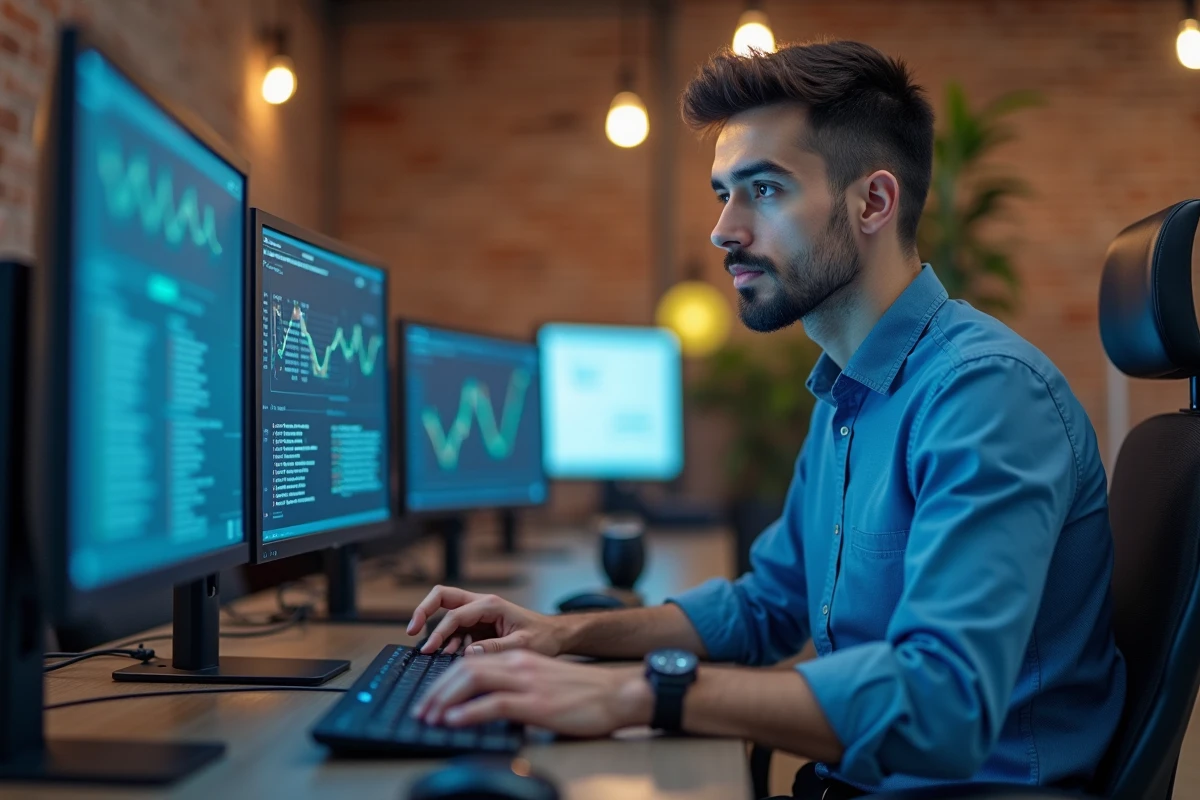 Jeune technicien informatique concentré sur ses écrans au bureau