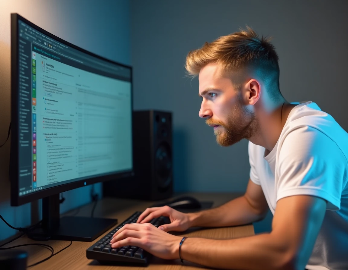 Un homme utilise Tirexo sur son ordinateur de bureau dans un bureau minimaliste moderne