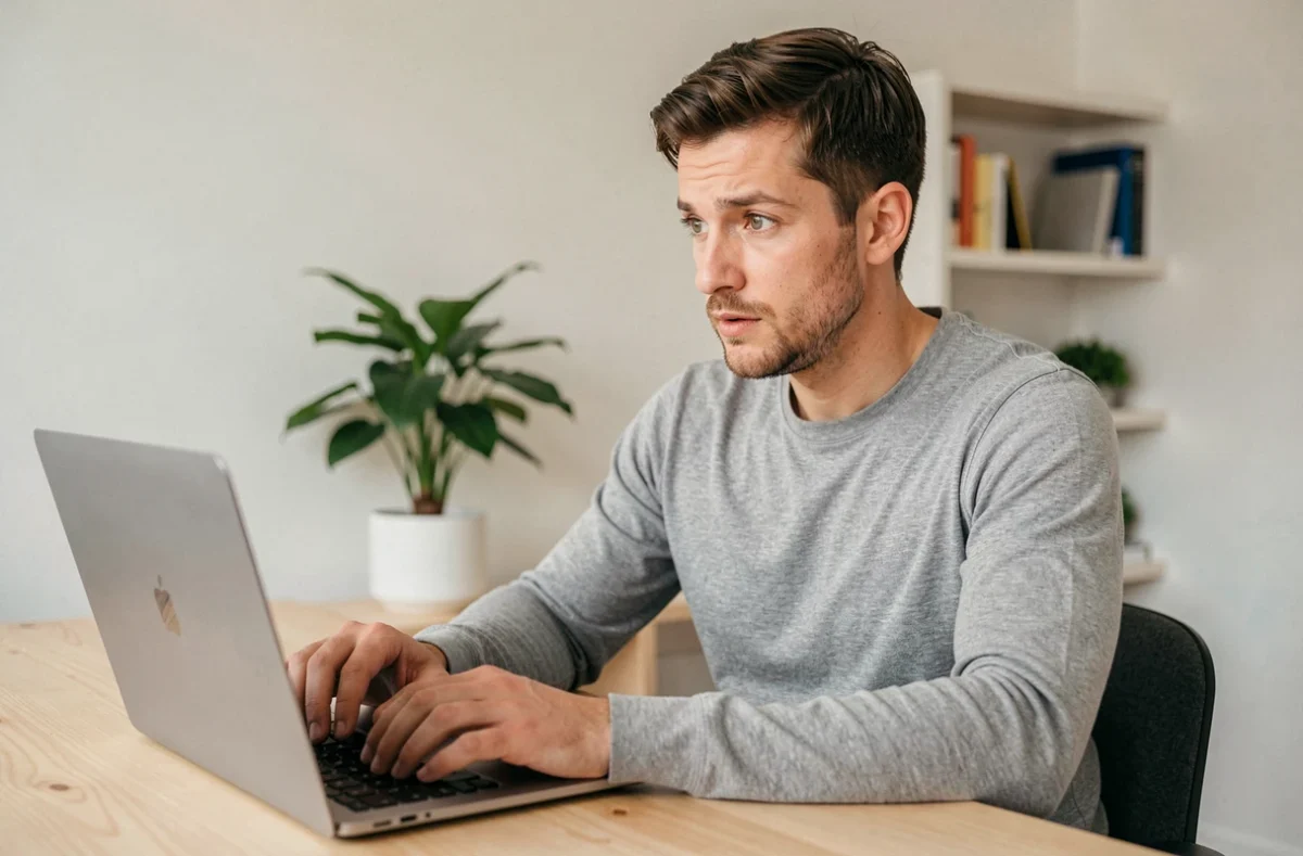 Homme cherchant la nouvelle adresse de Nokraf sur son ordinateur portable dans un bureau à domicile