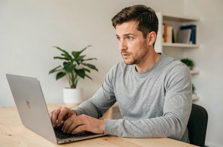 Homme cherchant la nouvelle adresse de Nokraf sur son ordinateur portable dans un bureau à domicile